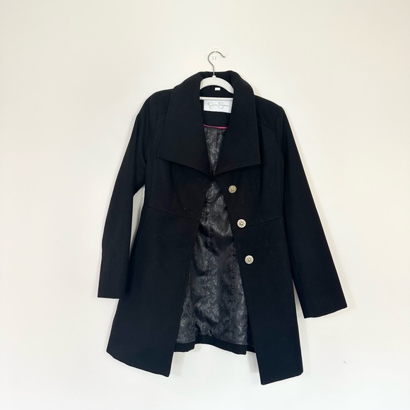 Jessica Simpson Black Trench Coat with Notched Lapel and Long Sleeves - Picture 1 of 7